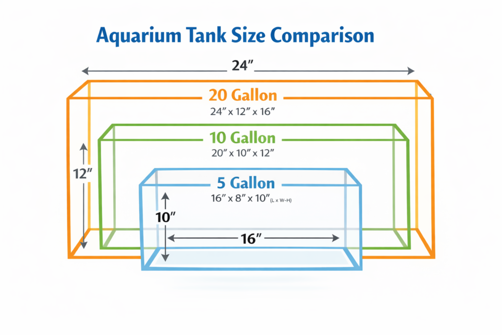 Comparison of common aquarium tank sizes including 5 gallon, 10 gallon, and 20 gallon tanks