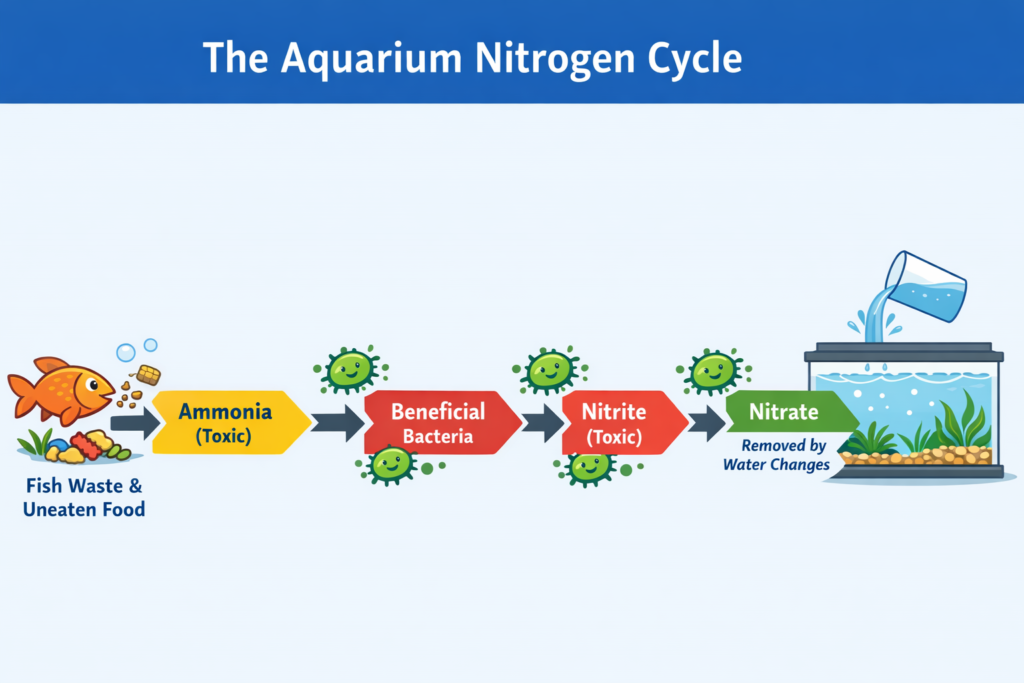 Simple diagram showing the aquarium nitrogen cycle from ammonia to nitrite to nitrate