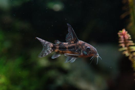 Peppered Corydoras catfish swimming mid tank.